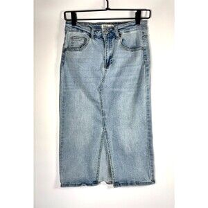 Oat Denim Midi Skirt Size 2 Blue Light Wash Front Slit Stretch Casual Minimalist